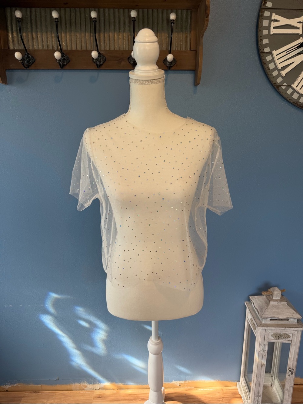 NanaMacs Ivory Sheer Beaded Overlay Blouse